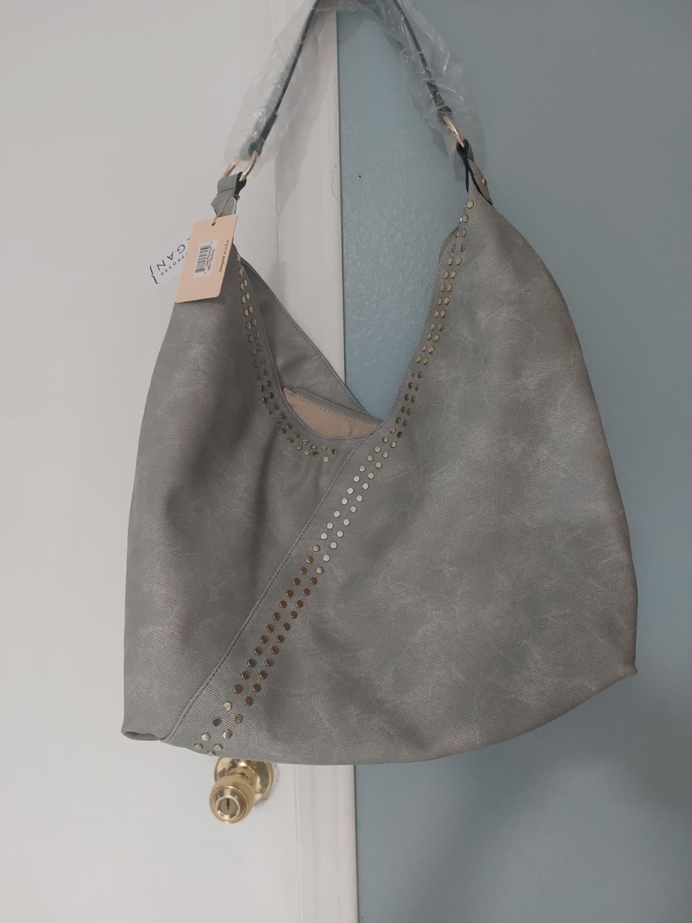 Stylish Gray Hobo Bag with Stud Accents